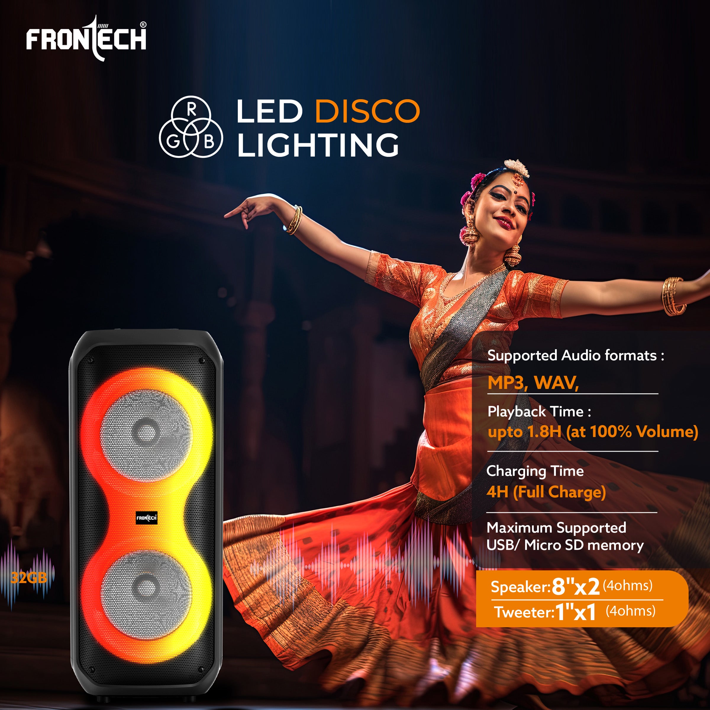 FRONTECH Smash Pro-21P 45W Portable Party Speaker | True Wireless Stereo | Karaoke Function with Wireless Mic | RGB LED Disco Lighting | Bluetooth 5.0 | FM Radio | USB, TF, AUX | Type-C Charging Port (SW-0021P) FRONTECH Smash Pro-21P 45W Portable Party Speaker | True Wireless Stereo | Karaoke Function with Wireless Mic | RGB LED Disco Lighting | Bluetooth 5.0 | FM Radio | USB, TF, AUX | Type-C Charging Port (SW-0021P)